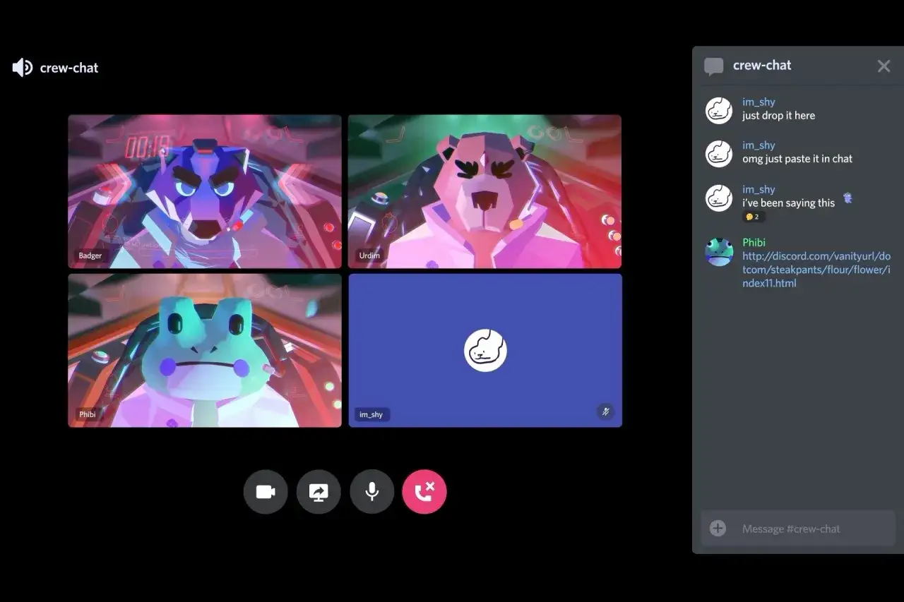 Discord co to? Czworo znajomych w wirtualnym pokoju rozmów, każdy z awatarem zwierzęcia, prowadzi rozmowę.
