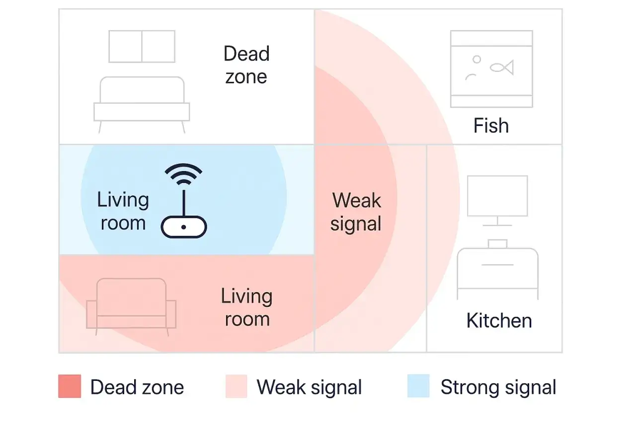 Schemat pokazuje, jak wzmocnić sygnał Wi-Fi. Router w salonie zapewnia silny sygnał, ale w sypialni i kuchni sygnał jest słaby lub zanika.