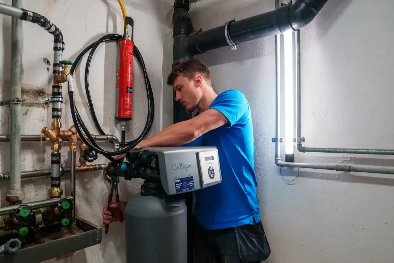 Un technicien installe un adoucisseur d'eau Culligan. C'est un bon choix quel adoucisseur d'eau pour 4 personnes.