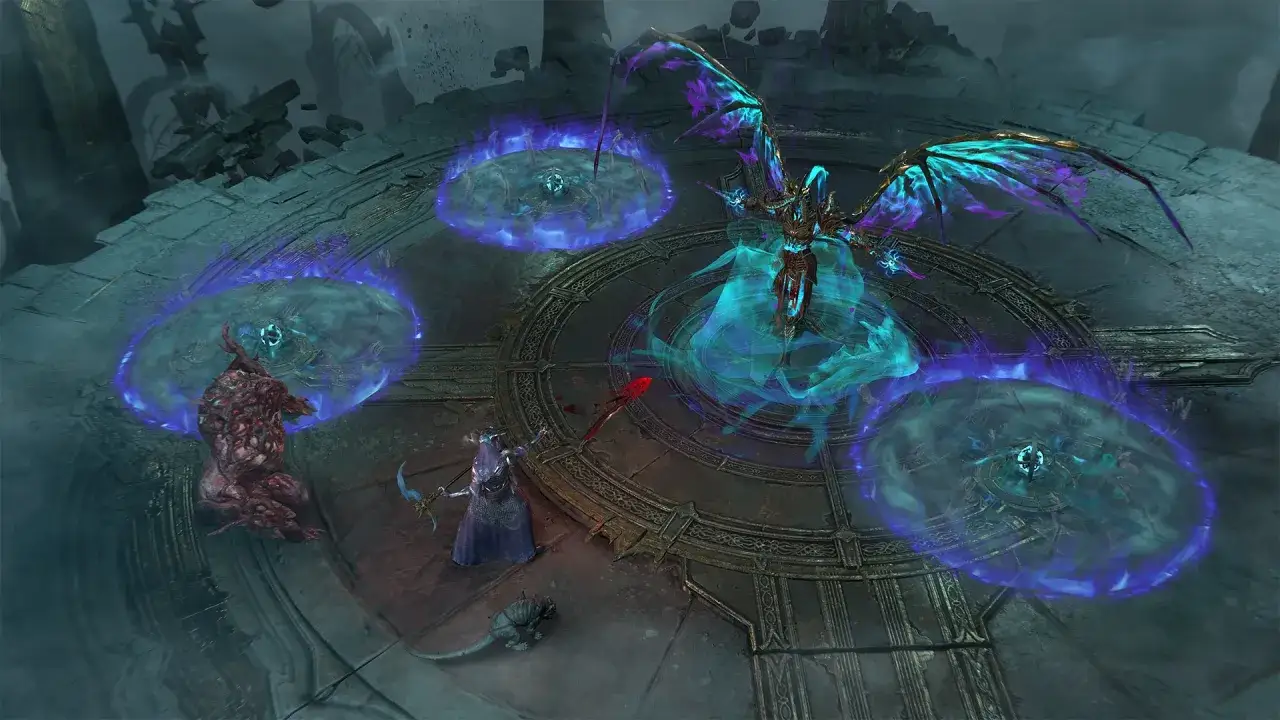 Diablo 4 nowy sezon: potężny demon z fioletowymi skrzydłami walczy z bohaterem i potworem na okrągłej arenie.