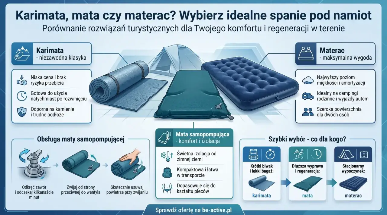 Mata samopompująca jak działa: odkręć zawór, poczekaj, zwiń. Idealna na dłuższą wyprawę, zapewnia komfort i izolację.