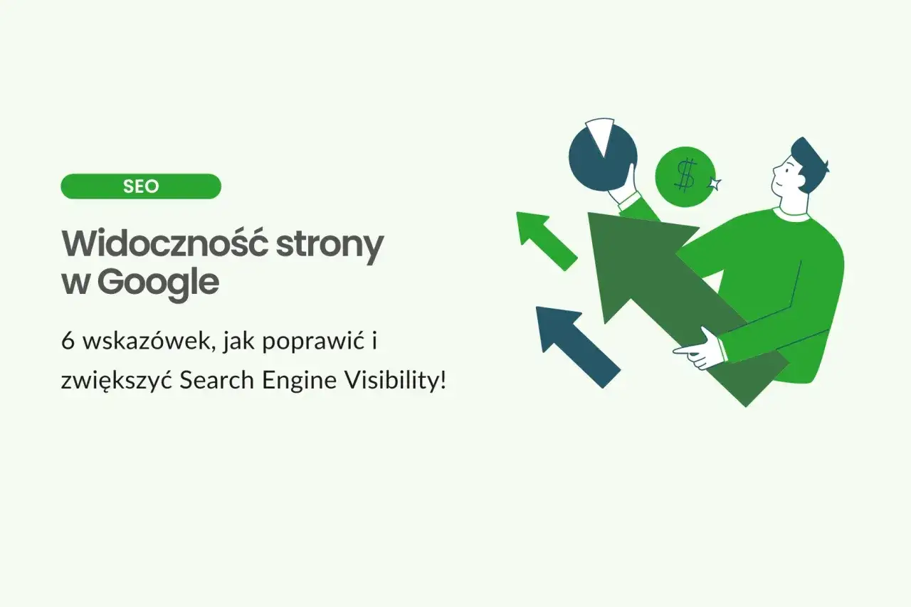 Człowiek z zielonymi strzałkami i wykresem symbolizującymi wzrost, podkreślający znaczenie seo skr&oacute;t dla widoczności strony w Google.