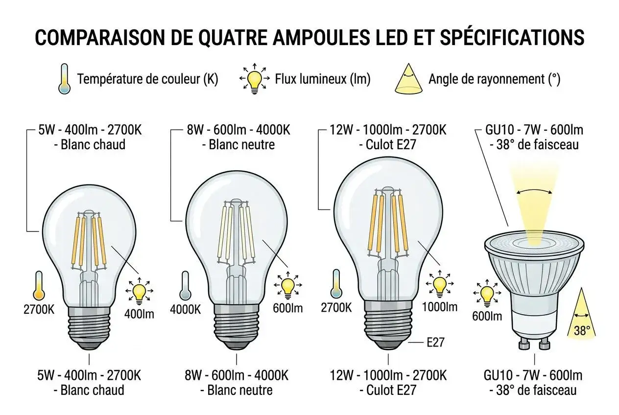 Comparaison des 4 types d'ampoules LED : température, flux lumineux et angle de faisceau.