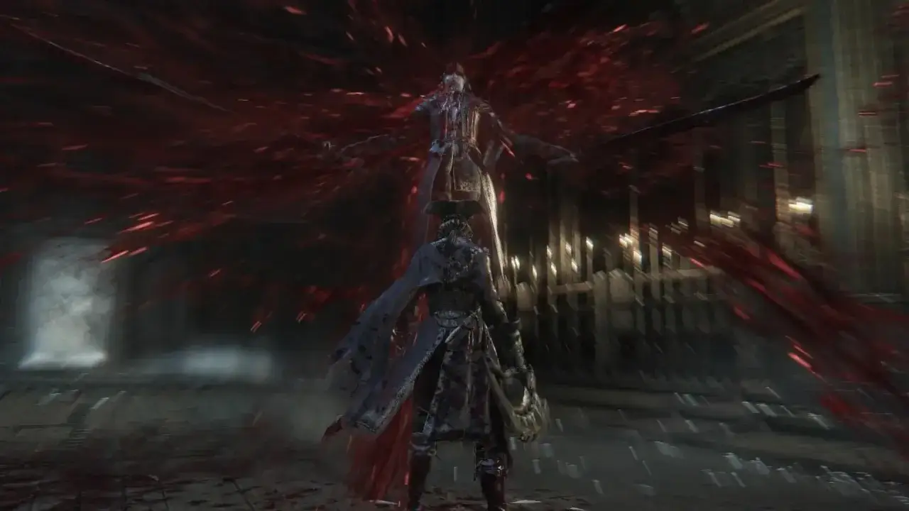 Lady Maria Bloodborne w wirze czerwonej krwi, walcząca z przeciwnikiem w mrocznym, gotyckim otoczeniu.