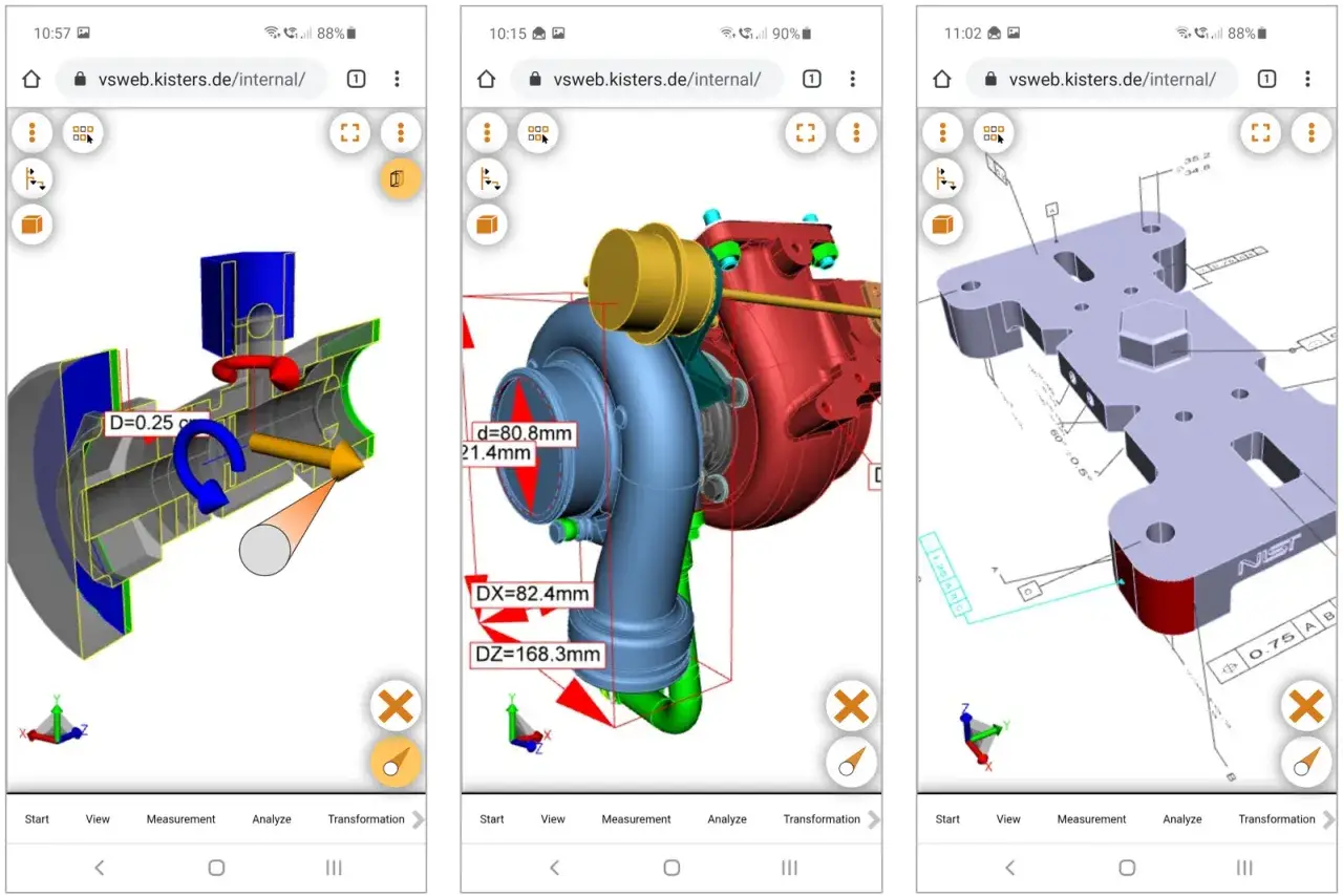 Trzy ekrany aplikacji do przeglądania modeli 3D. Pierwszy pokazuje przekr&oacute;j elementu z wymiarami, drugi turbosprężarkę, a trzeci metalową płytę. Użyj tego **step viewer** do analizy detali.