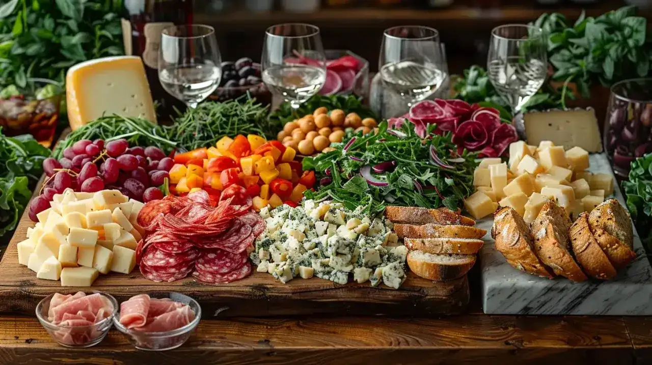 Un festin de charcuteries, fromages, fruits et légumes frais, parfait pour un menu campagnard convivial.