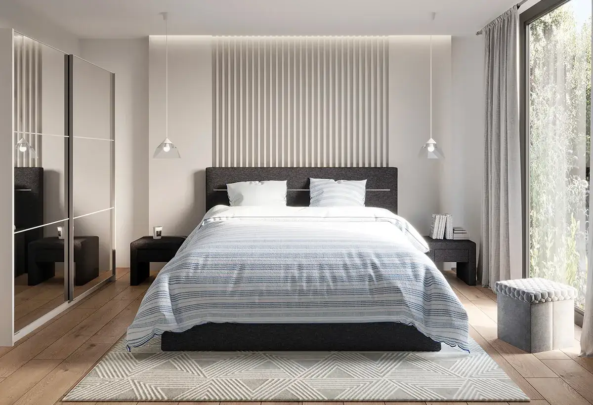 Chambre moderne avec lit douillet, armoire miroir et rideaux légers. Idéal pour savoir comment agrandir une pièce visuellement.
