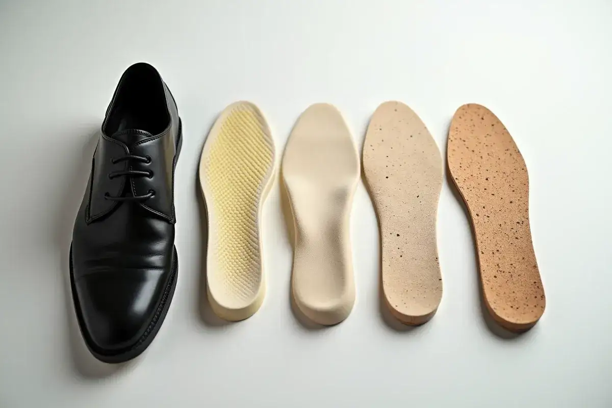Chaussure noire et cinq semelles de différents matériaux, dont une semelle en cuir.