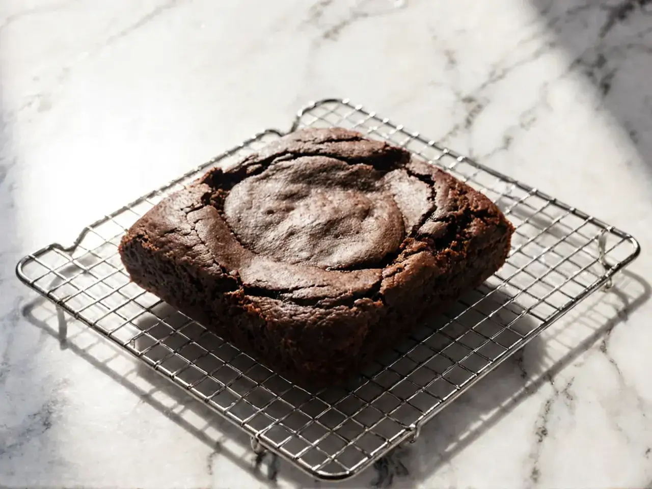 Idealny brownie przepis na puszyste ciasto czekoladowe. Właśnie wyjęte z piekarnika, stygnie na kratce.