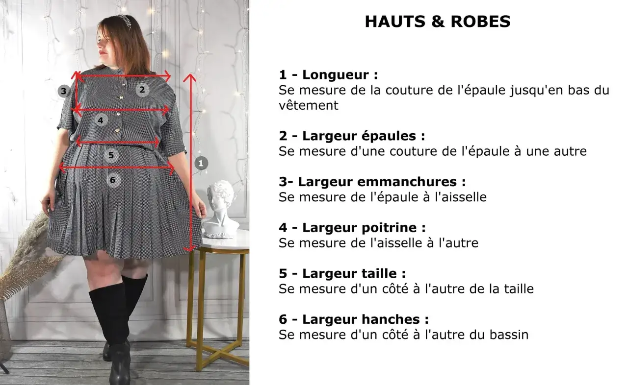 Guide pour comment mesurer un vêtement à plat : longueur, épaules, emmanchures, poitrine, taille et hanches sont indiqués par des flèches numérotées.