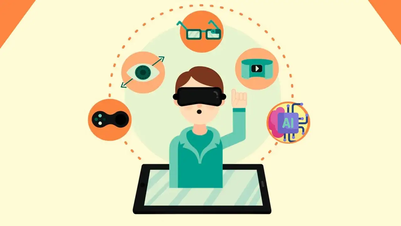 Ragazzo con visore VR, controller, occhiali, occhio, schermo e chip AI. Il **phygital significato** &egrave; l'unione tra fisico e digitale.