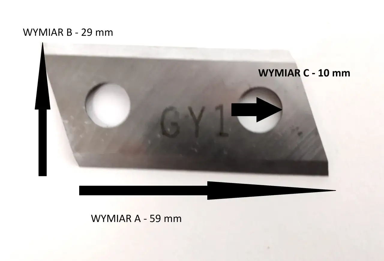 Metalowe noże do rozdrabniacza gałęzi, z oznaczeniami wymiarów A (59 mm), B (29 mm) i C (10 mm).