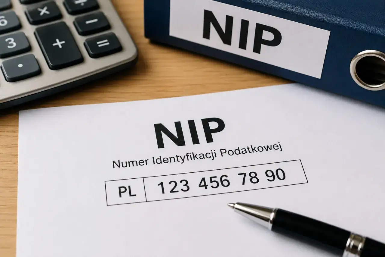 Dokument z numerem NIP, kalkulator i długopis na biurku. Numer identyfikacji podatkowej PL 123 456 78 90.
