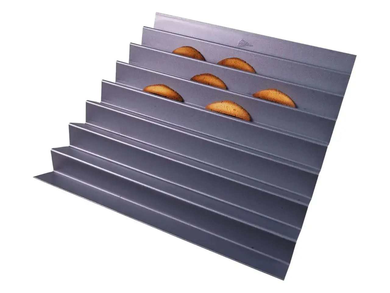 Moule &agrave; pain de seigle, une p&acirc;te de loup, avec six biscuits dor&eacute;s dispos&eacute;s en escalier.