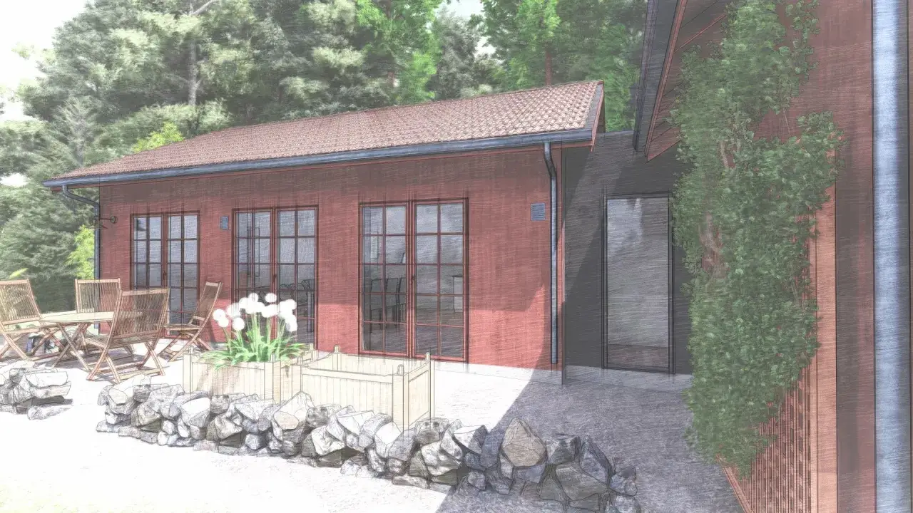 En mysig uteplats med trädgårdsmöbler och blommor, intill ett rött hus med stora fönster. En glasgång mellan husen skapar en modern känsla.