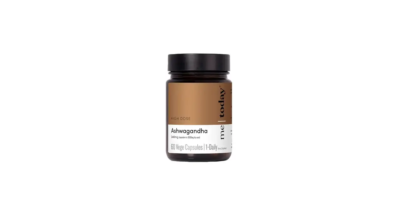 Flasche mit Ashwagandha-Kapseln. Die empfohlene Ashwagandha Dosierung ist 1 Kapsel t&auml;glich.