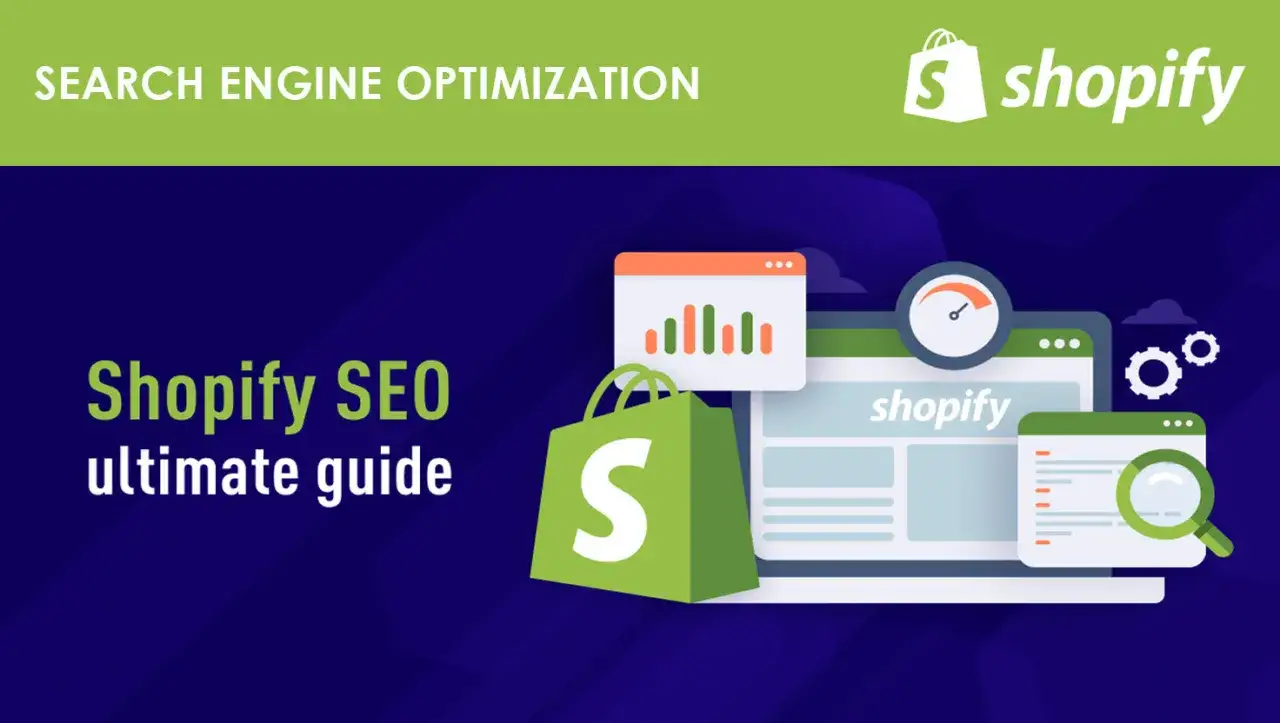 Grafika przedstawia przewodnik po Shopify SEO. Widzimy ikonę torby na zakupy, wykresy, lupę i komputer z logo Shopify.