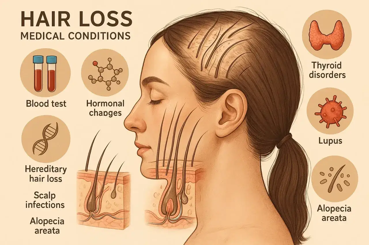 Illustration visar orsaker till håravfall, inklusive androgent håravfall, hormonella förändringar, ärftlighet, sköldkörtelproblem och lupus.