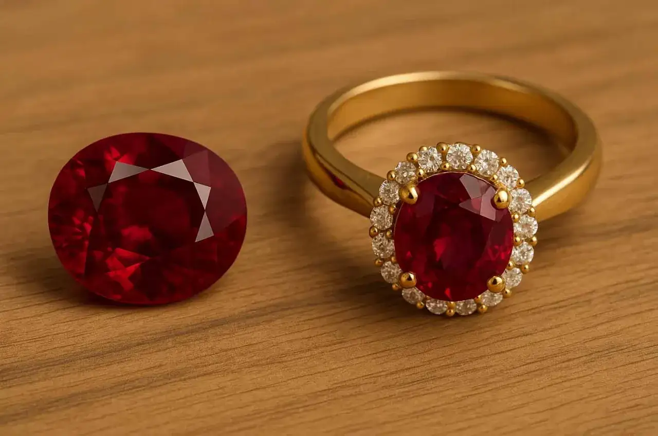 En oval rubin sten bredvid en guldring med en rubin och diamanter.