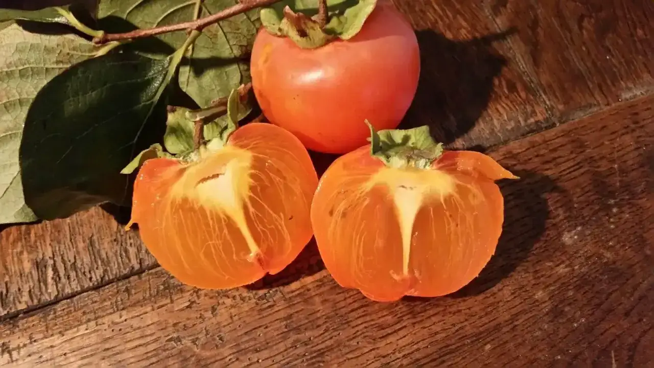 Trois kakis, dont deux coupés en deux, révèlent leur chair orangée. Apprenez comment faire mûrir des kakis pour un délice sucré.