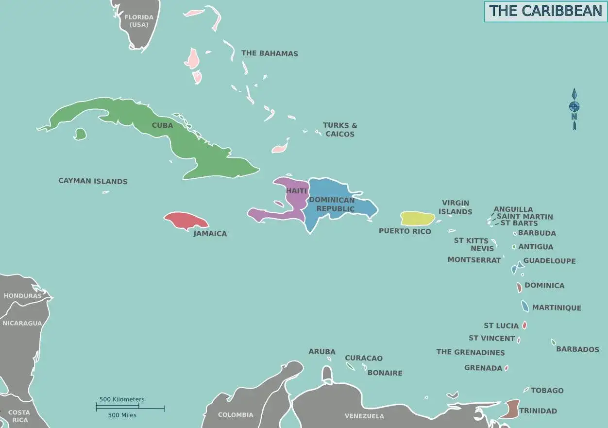Mapa Karaibów pokazuje, do kogo należą poszczególne wyspy: Kuba, Jamajka, Haiti, Dominikania, Puerto Rico, Bahamy, a także terytoria USA, Wielkiej Brytanii i Francji.