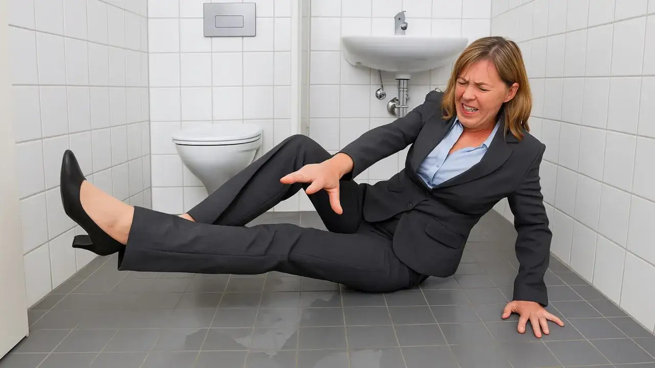 Frau im Anzug rutscht in der Toilette aus und erleidet einen Arbeitsunfall.