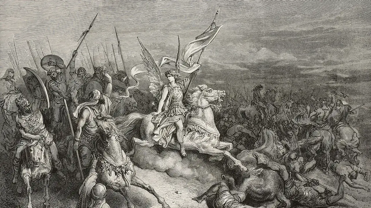 A winged figure on horseback leads a battle, possibly representing the angel of death in the Bible, as soldiers and horses fall.