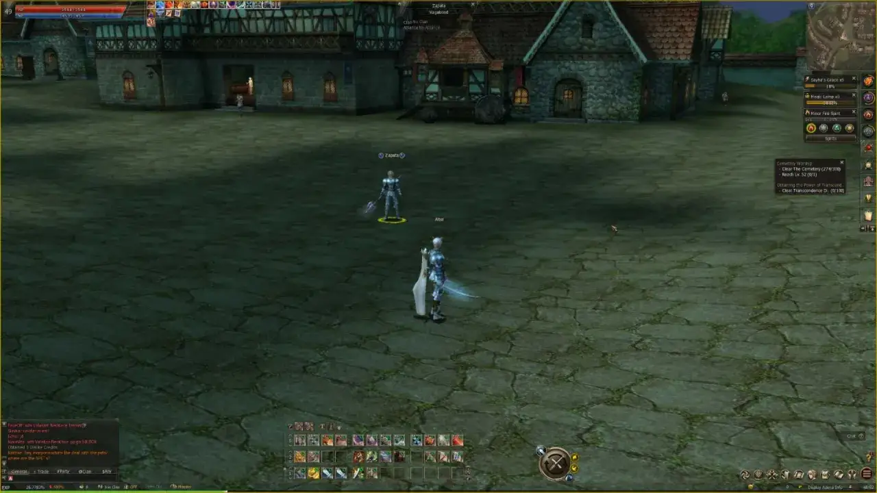 Postacie w grze Lineage 2 Essence, jedna zbrojna, druga w białej szacie, stoją na kamiennym placu przed budynkami.