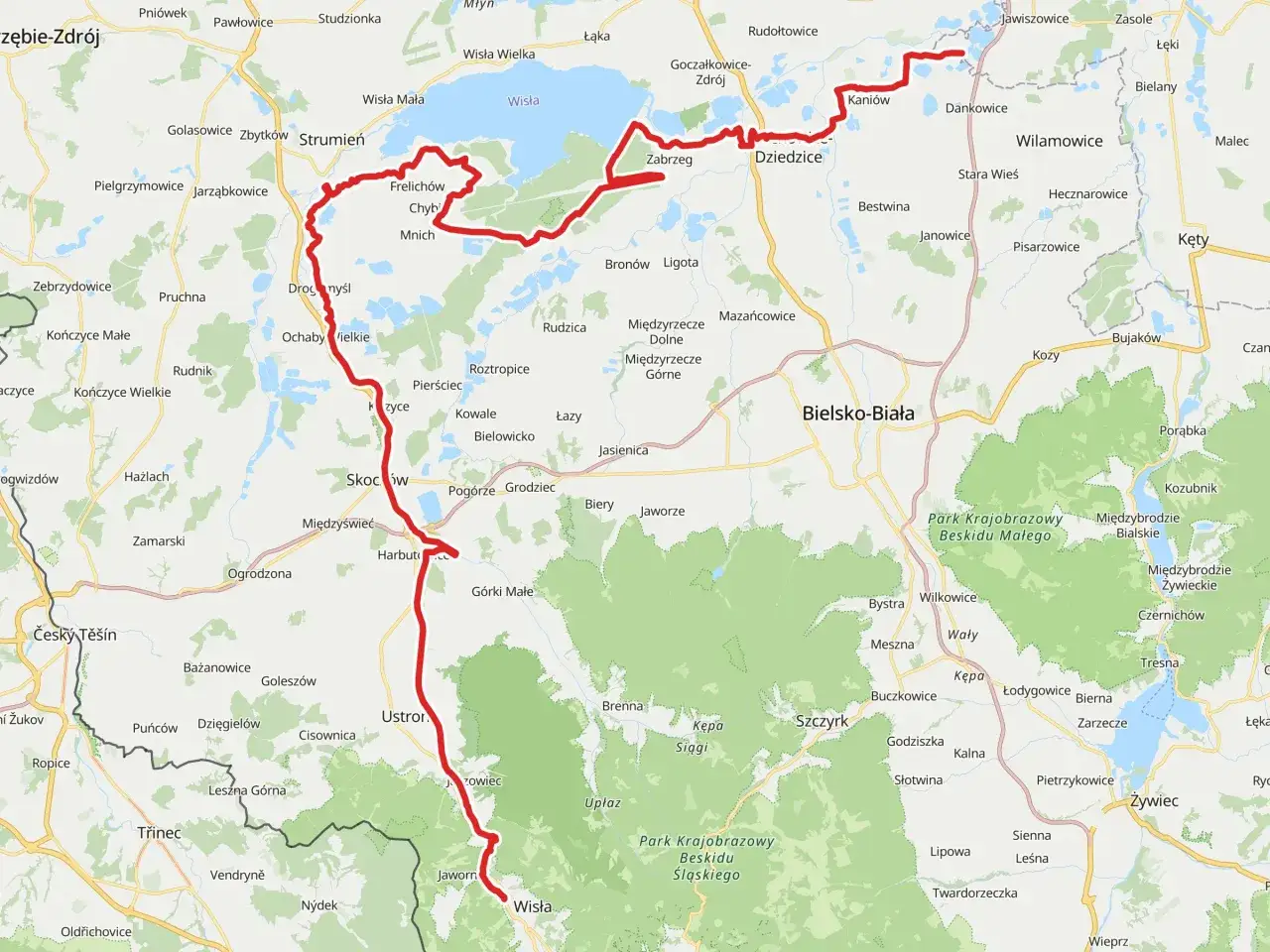 Trasa rowerowa wzdłuż Wisły na Śląsku, prowadząca przez malownicze tereny od Wisły do Bielska-Białej.
