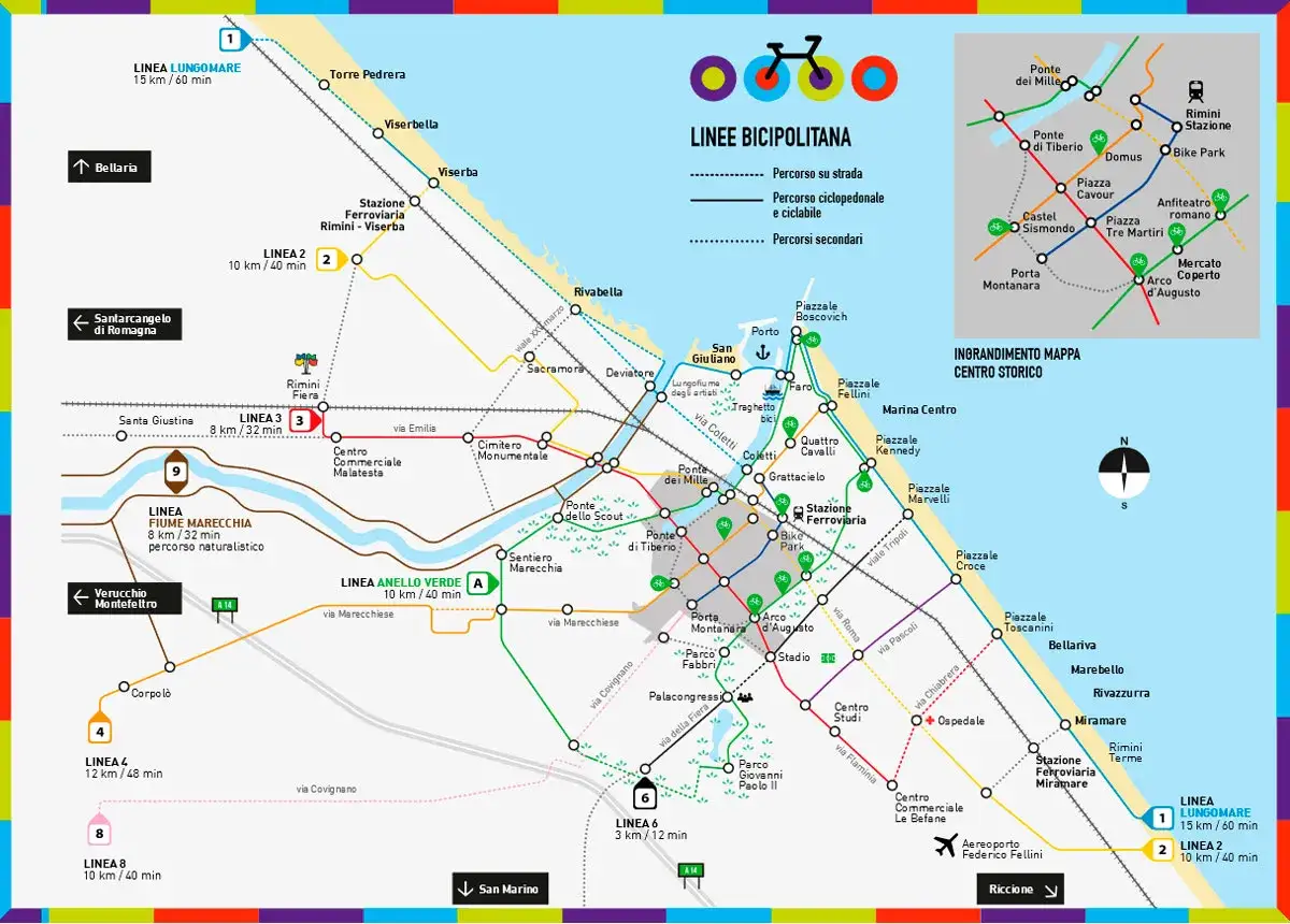 Mappa delle linee ciclabili di Rimini, con percorsi su strada, ciclopedonali e secondari. Ideale per esplorare la città in bicicletta.