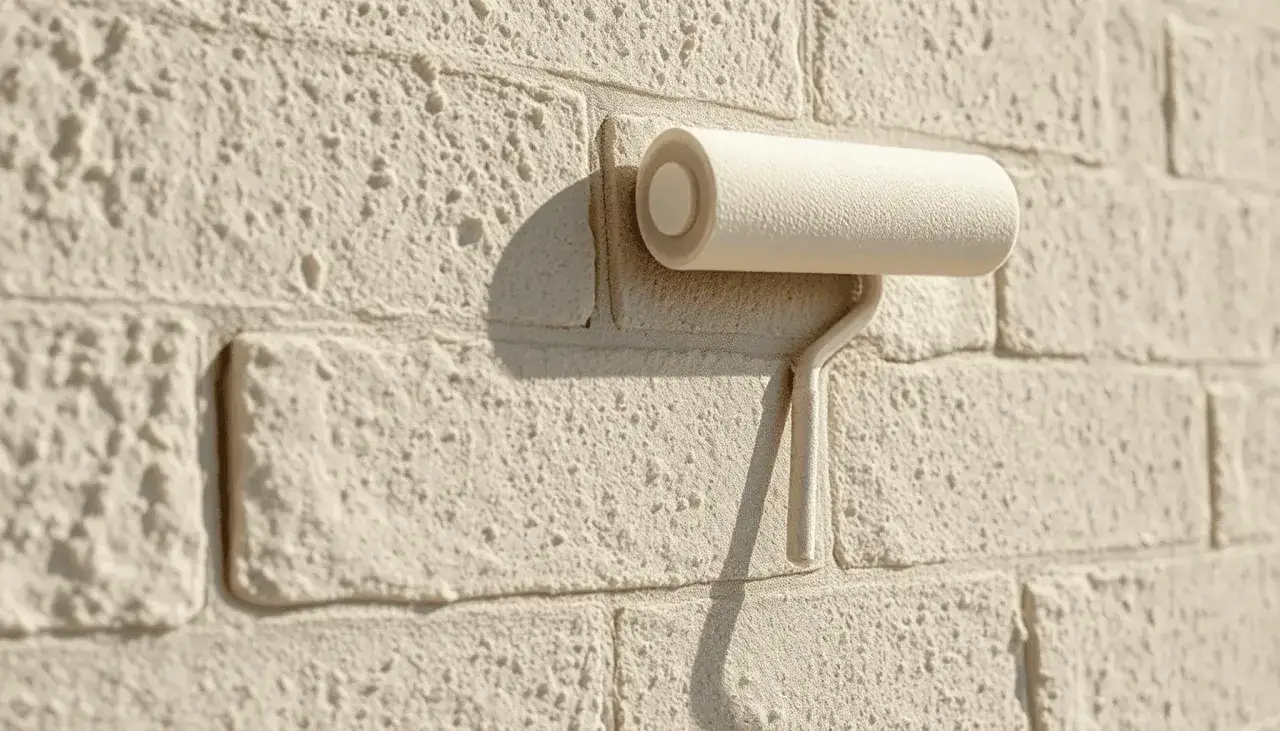 Un rouleau &agrave; peinture beige est pos&eacute; sur un mur parpaing peint de la m&ecirc;me couleur. La texture granuleuse du mur est visible.