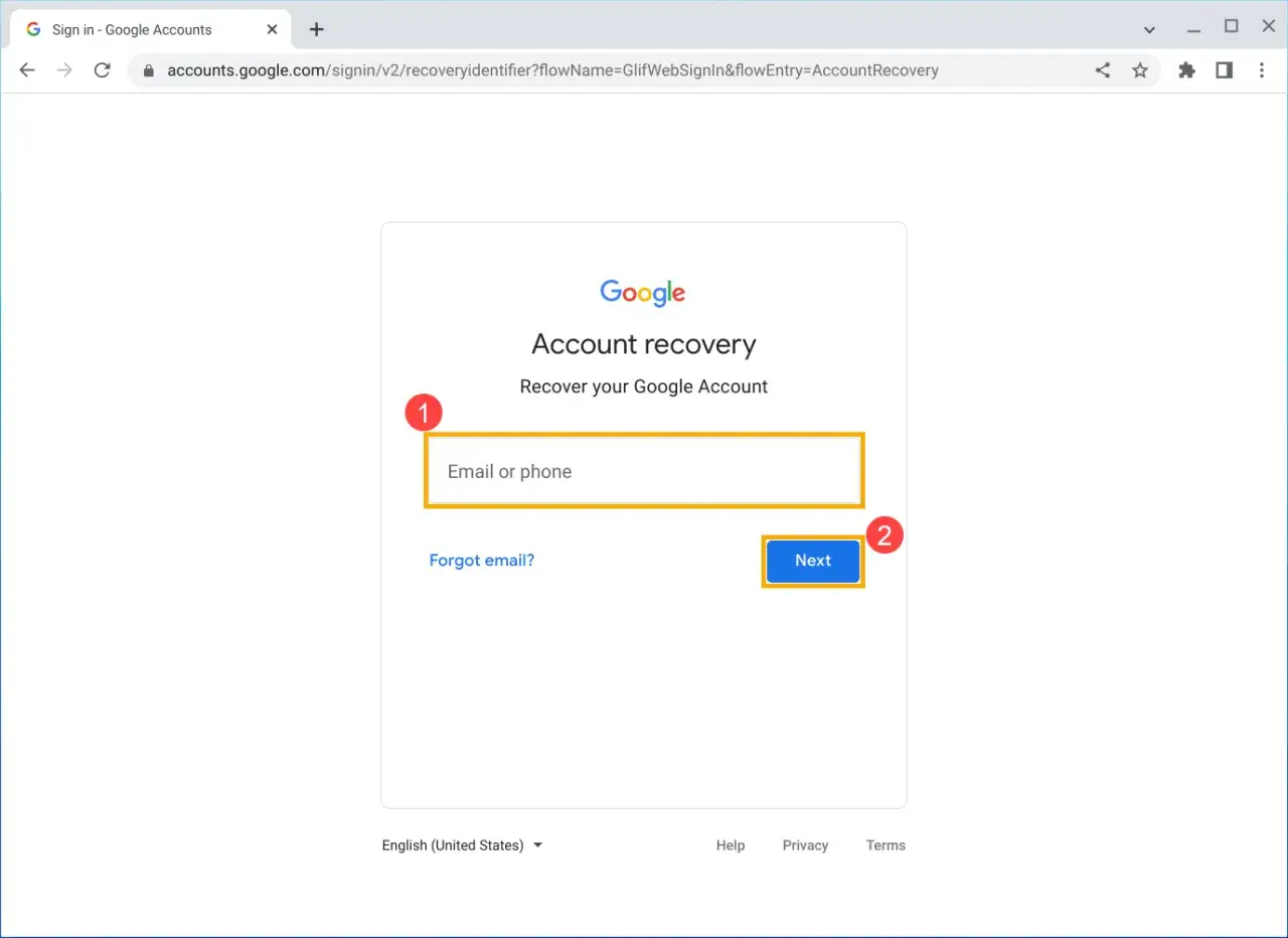 Strona odzyskiwania konta Google. Wpisz swój email lub telefon, aby rozpocząć proces odzyskiwania konta Google. Kliknij 