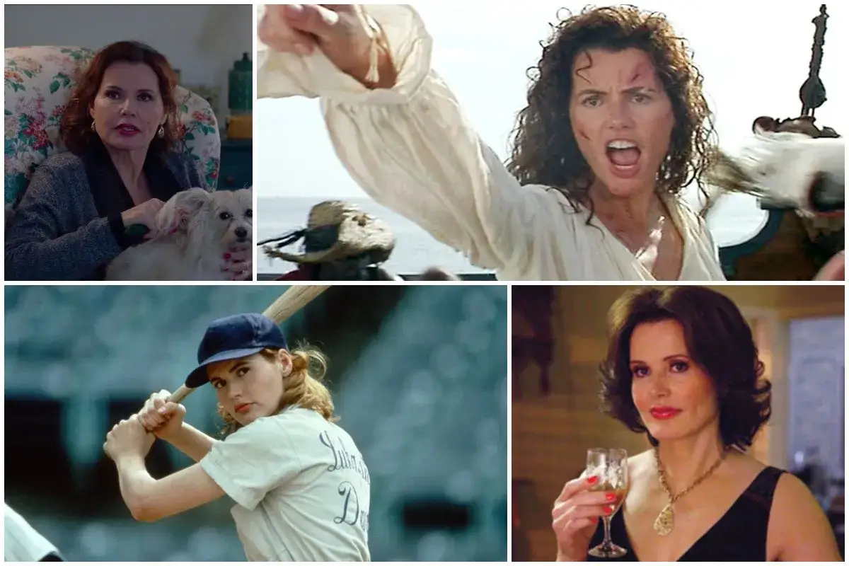 Geena Davis w filmach: jako baseballistka, na statku i z psem.