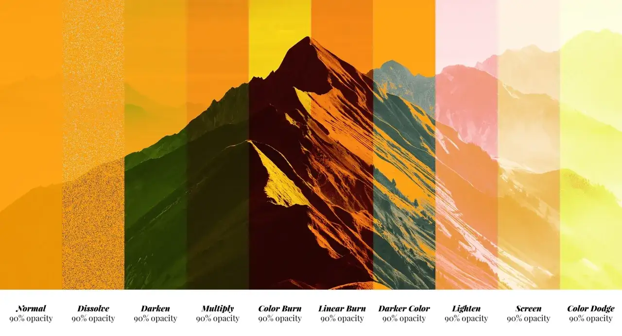 Comparativa de modos de fusi&oacute;n en Photoshop, mostrando c&oacute;mo cada uno altera una imagen de monta&ntilde;a con 90% de opacidad.