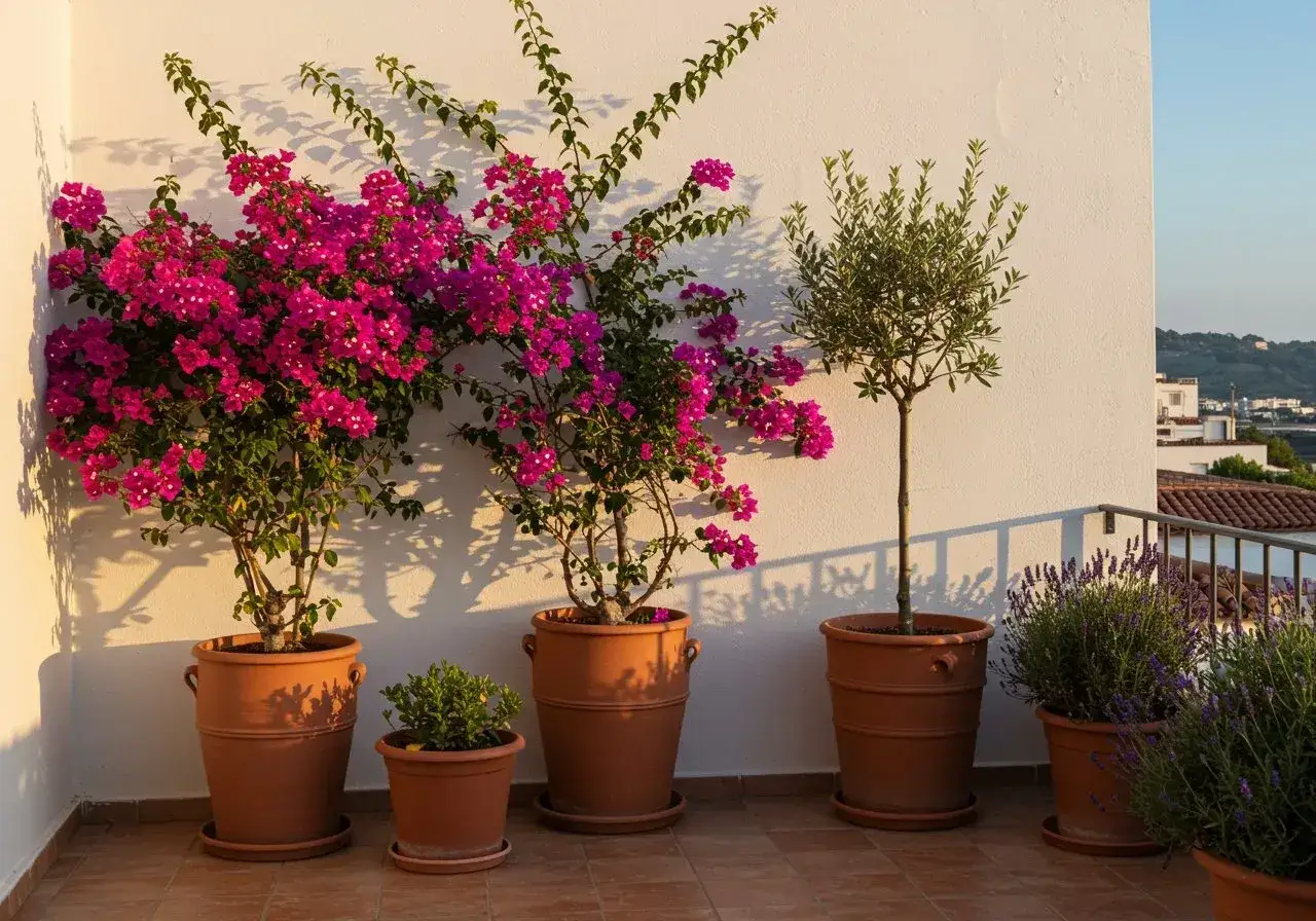 Id&eacute;es pour am&eacute;nager un petit jardin de 20m2 : bougainvilliers &eacute;clatants, olivier &eacute;l&eacute;gant et lavande parfum&eacute;e sur un balcon ensoleill&eacute;.