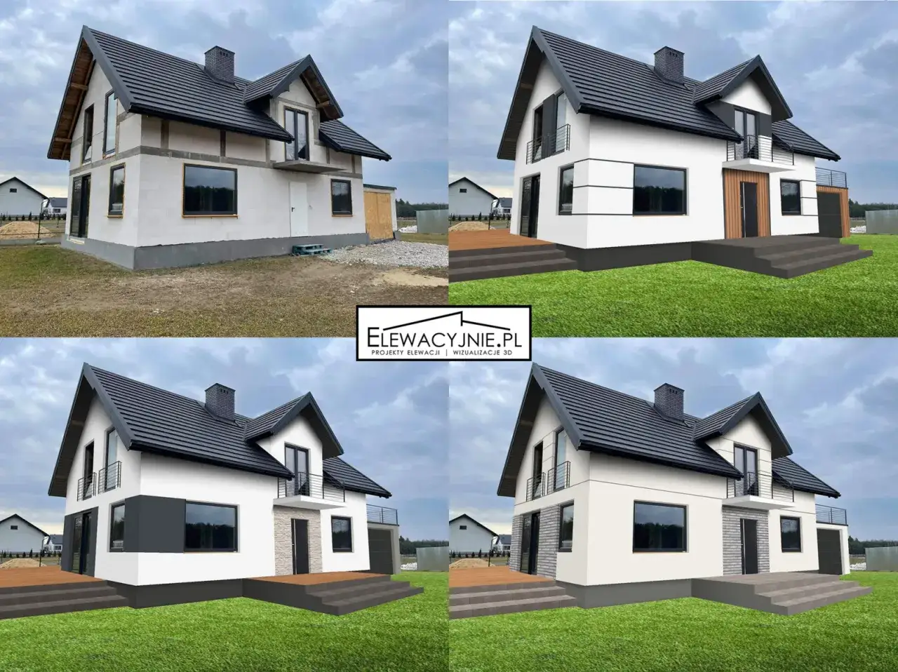 Porównanie etapów budowy domu: od stanu surowego po różne wzory ocieplenia i elewacji.