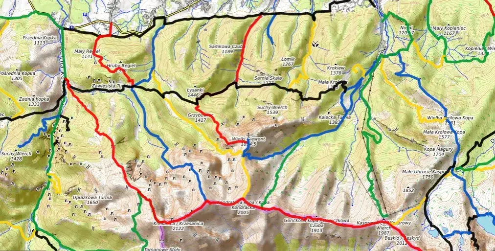 Mapa szlaków na Giewont z zaznaczonymi trasami