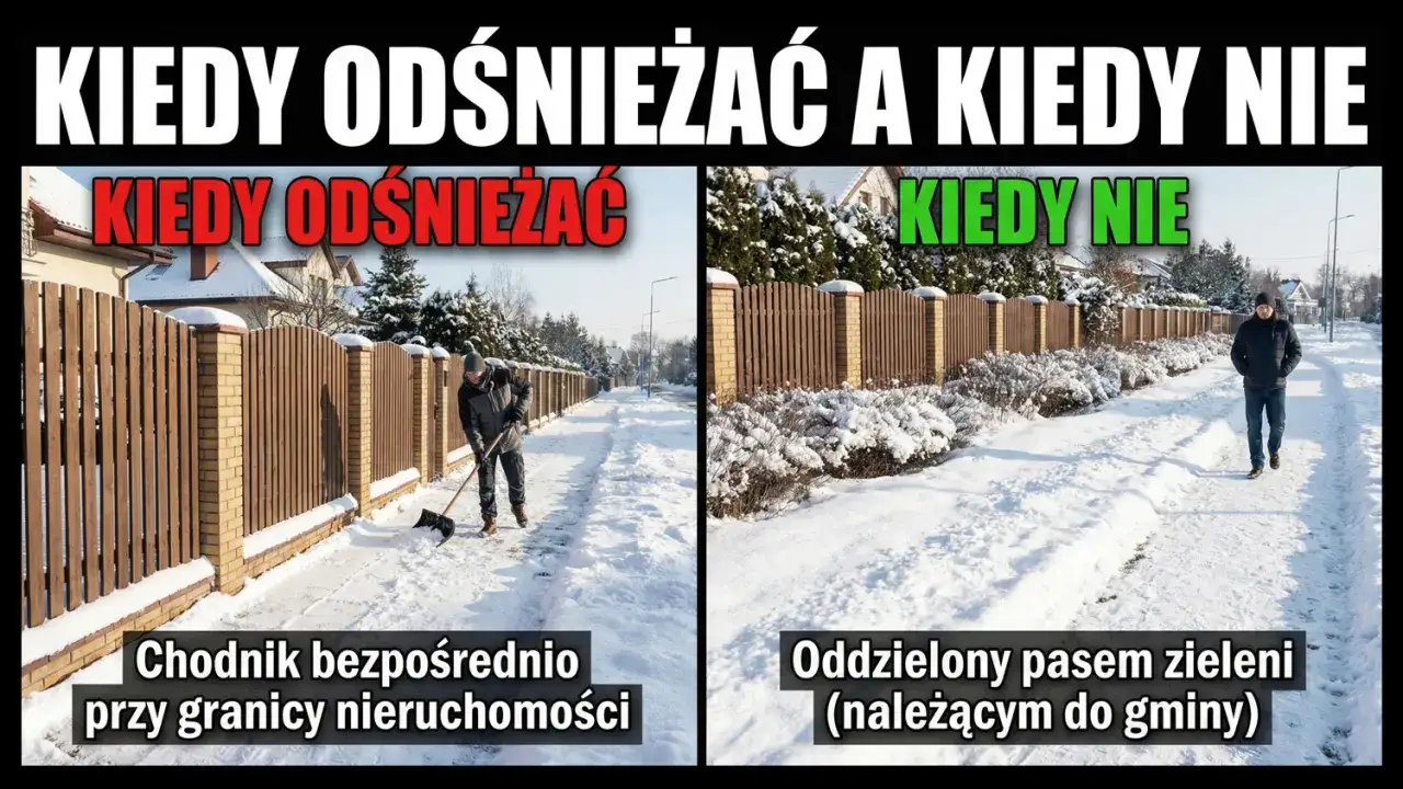 Mężczyzna odśnieża chodnik przy swojej posesji, podczas gdy inny spaceruje po zasypanym śniegiem pasie zieleni należącym do gminy.