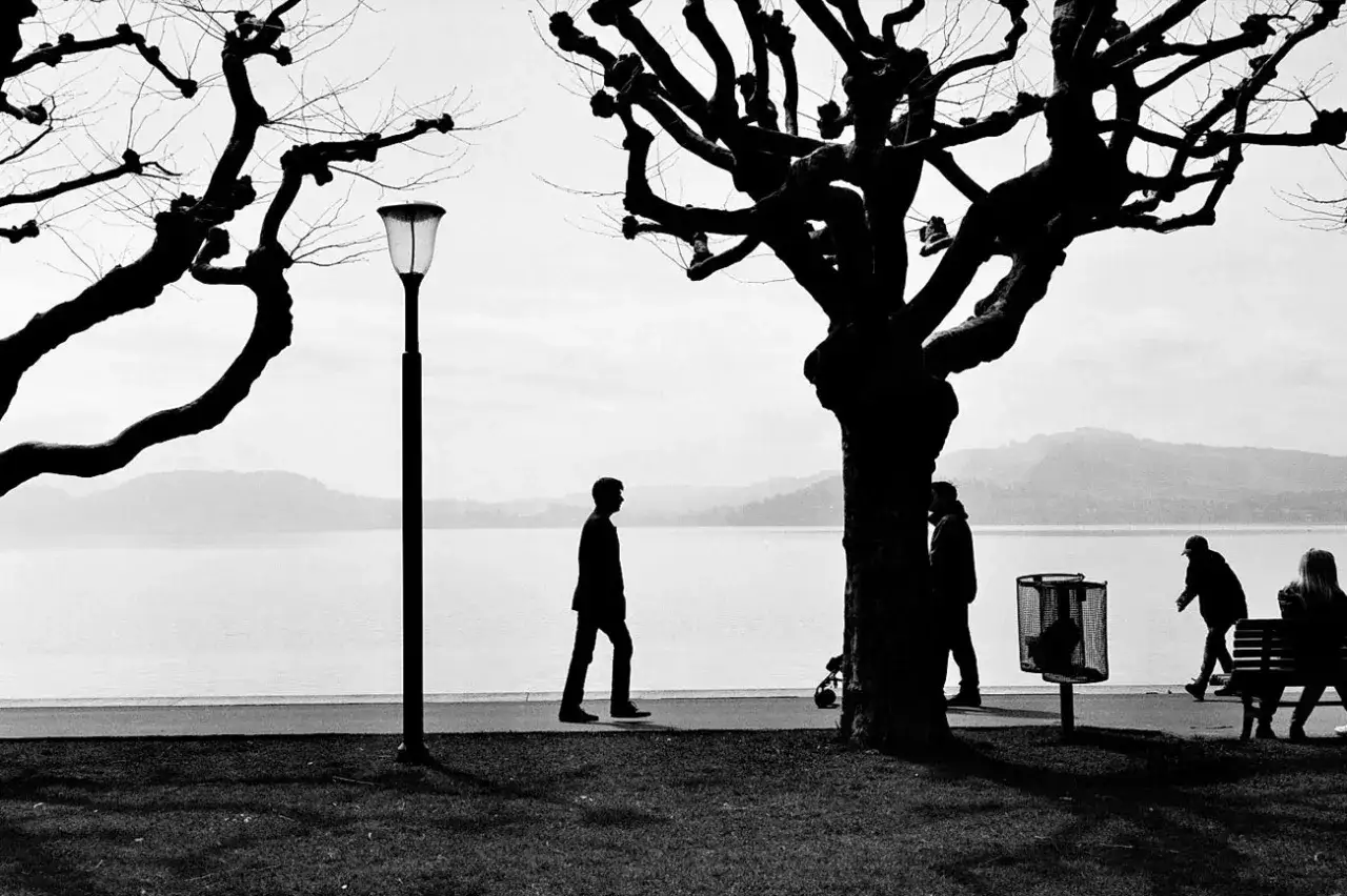 Silhouettes of people walk by a lake under bare trees, captured on Kentmere Pan 100 film.