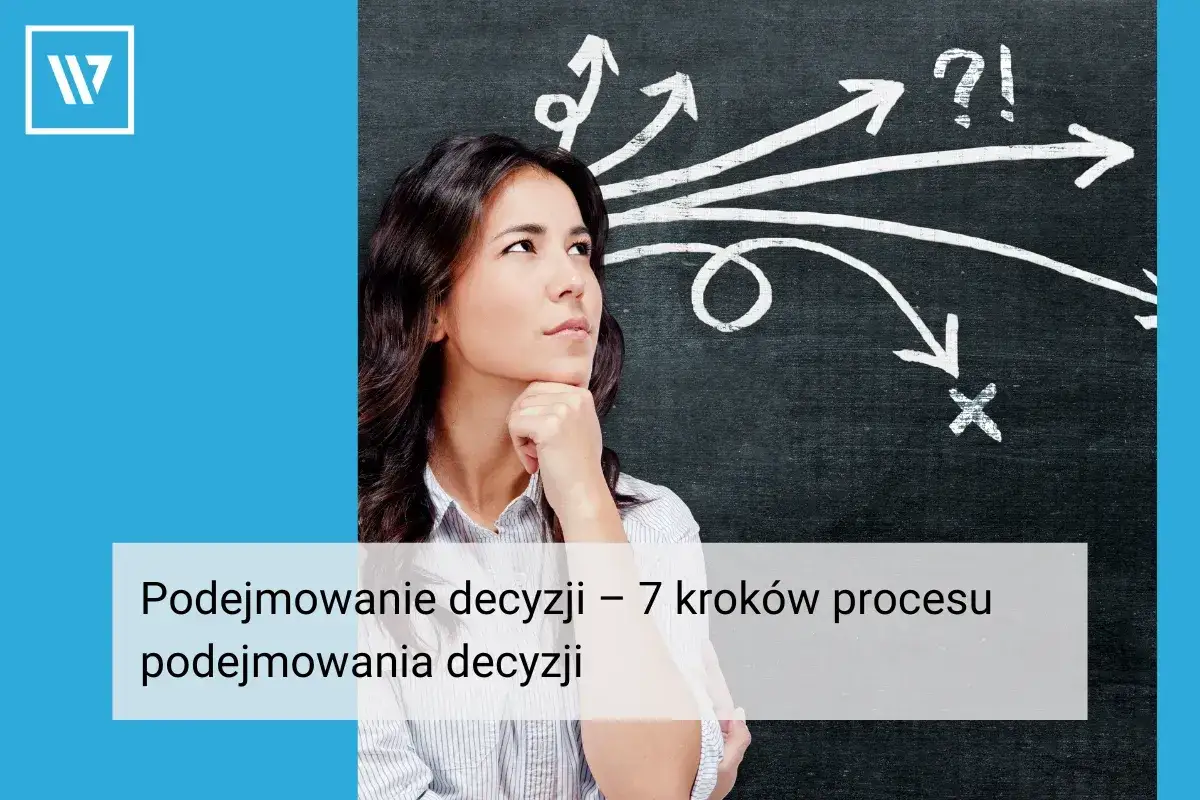 Kobieta zamyślona nad tablicą, na której narysowane są strzałki symbolizujące budowanie strategii i podejmowanie decyzji.