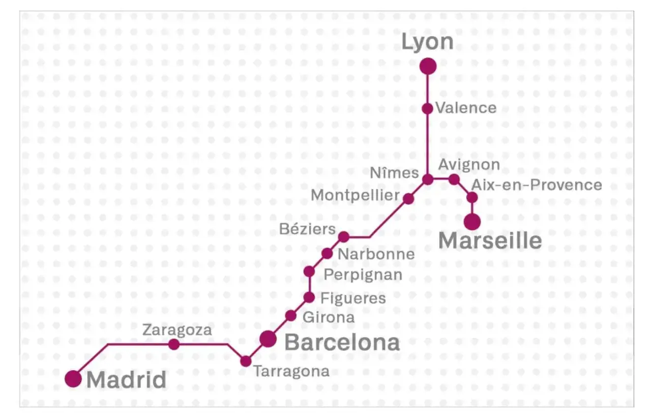 Mapa de rutas de tren que conectan Madrid, Zaragoza, Barcelona y Lyon, pasando por ciudades francesas como Montpellier y Marsella.