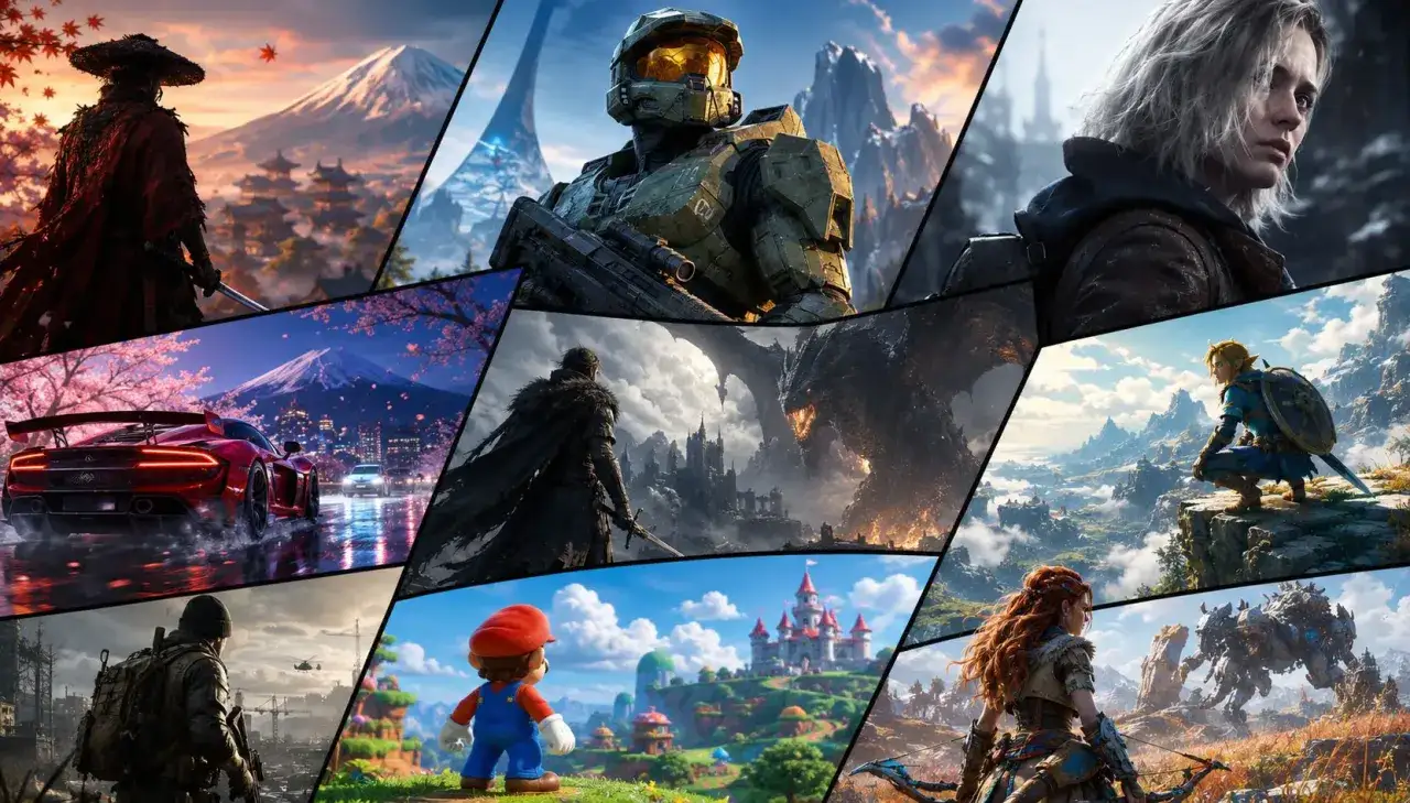 Kompilacja grafik z gier, zapowiedzi premier gier 2026: samuraj, Master Chief, Link, Aloy, Mario i inne.