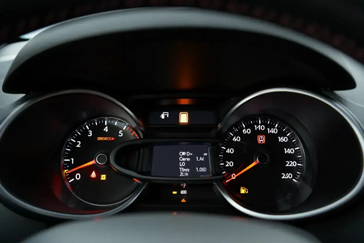 Tableau de bord d'une Clio 3, voyant vidange allumé. Le compteur indique 600 km restants avant la prochaine vidange.