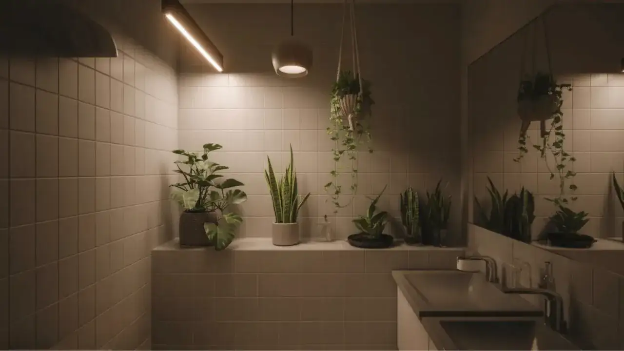 Une plante salle de bain sombre, avec des plantes vertes sur une &eacute;tag&egrave;re carrel&eacute;e, sous un &eacute;clairage doux.