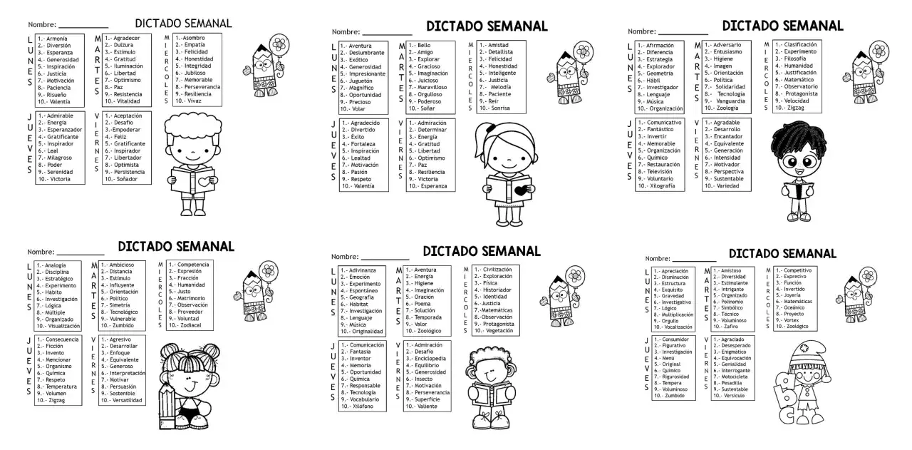 Hojas de dictado 3 primaria con listas de palabras y dibujos de ni&ntilde;os leyendo.