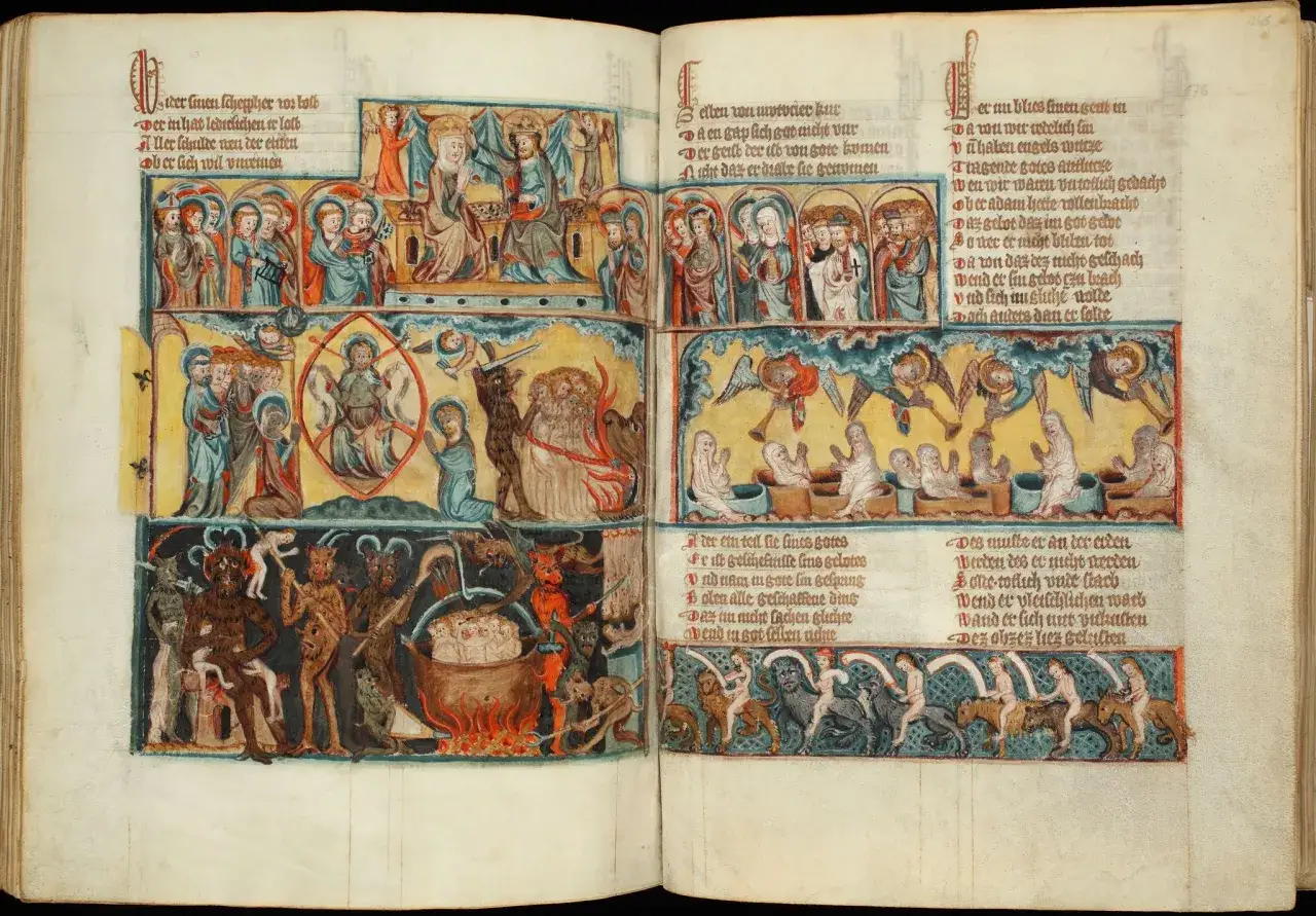 Ilustracja z apokryfu: scena sądu, piekła z demonami i potępionymi, a także aniołowie grający na trąbach i ludzie na koniach.
