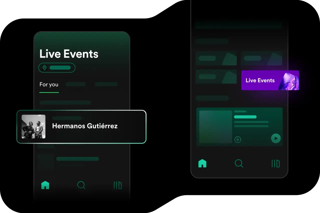 Two phone screens show a Spotify interface. The left screen highlights 