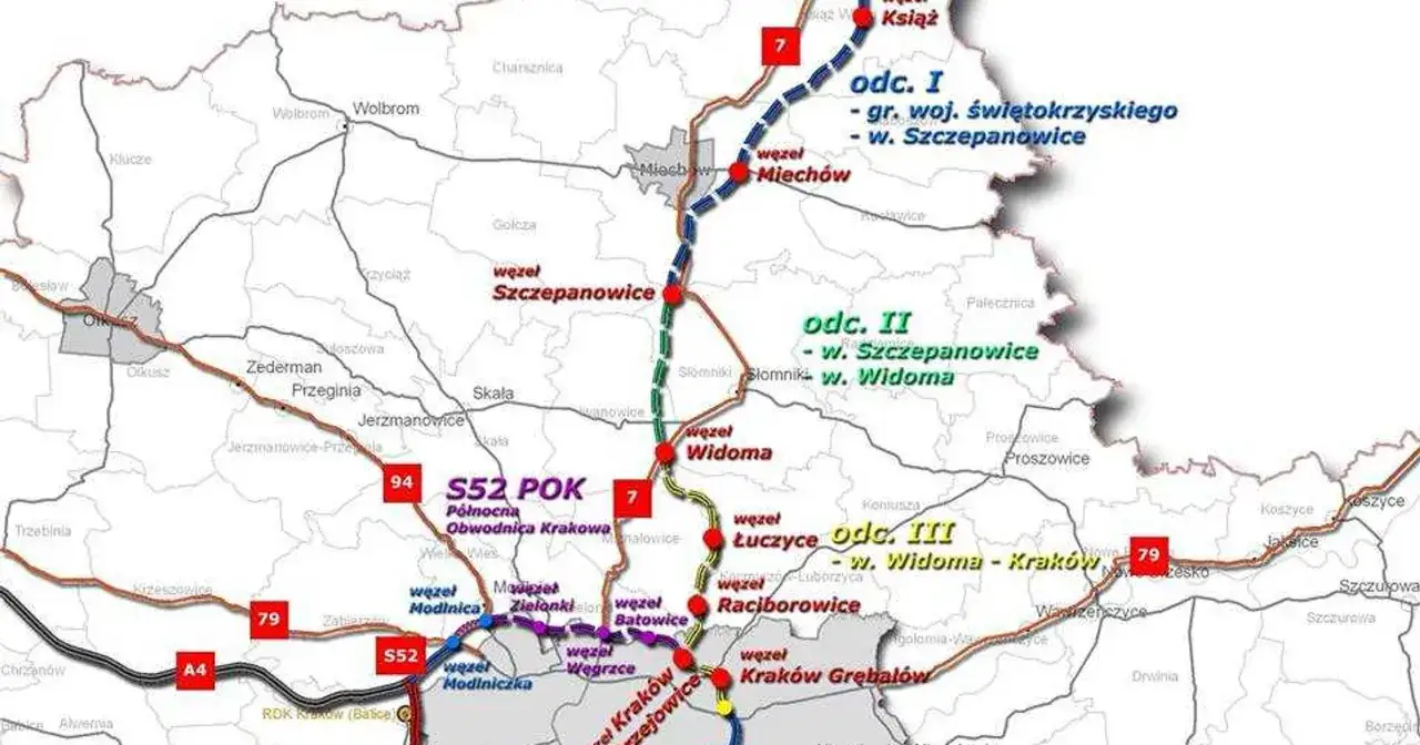 Mapa drogowa z zaznaczoną drogą ekspresową S7 i jej odcinkami. Widoczne węzły: Szczepanowice, Miechów, Widoma, Łuczyce, Raciborowice, Kraków Grębalów.