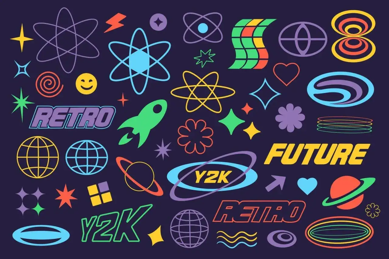 A vibrant collection of y2k design elements, featuring retro rockets, atomic symbols, globes, and bold text like 