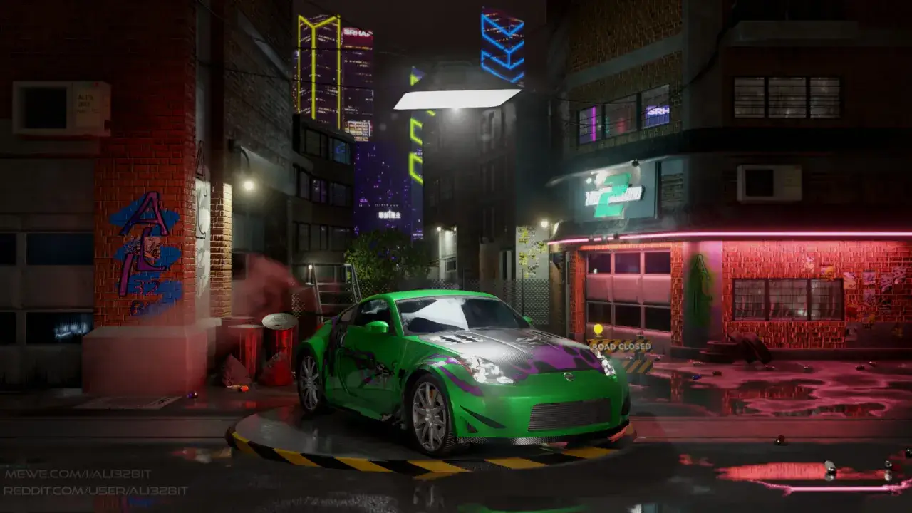 Grüner Nissan 350Z mit lila Flammen-Design, bereit für ein Underground 2 Remake in einer neonbeleuchteten Gasse.
